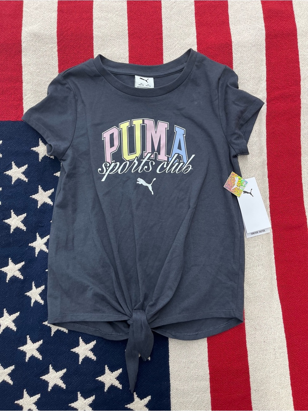 Puma Girls' Charcoal Tie-Front Tee with Pastel Logo Girls Size Medium 8-10 NWT
